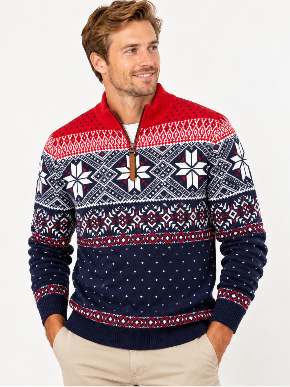 VINEYARD VINES Fair Isle Snowflake Wool Alpaca 1/4 Zip Christmas Sweater L #120